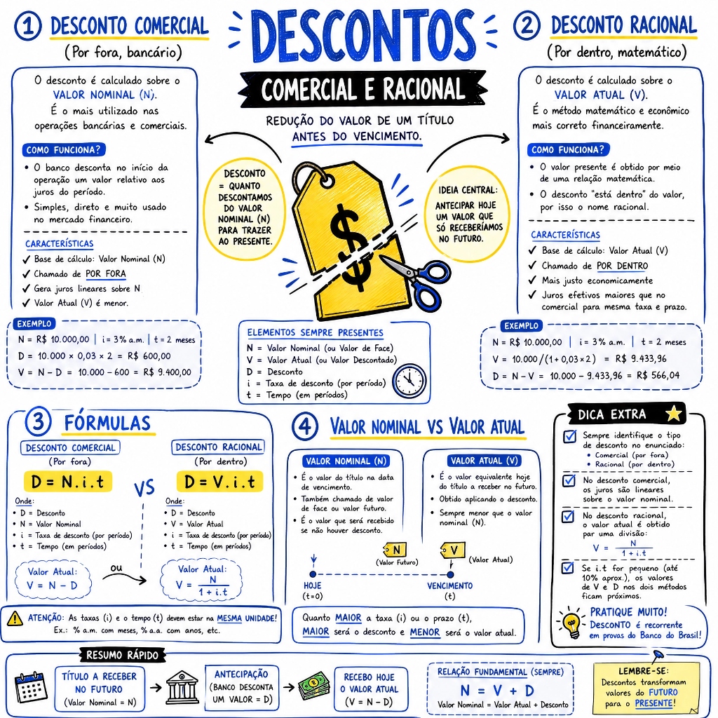Matemática Financeira: Descontos Comercial e Racional